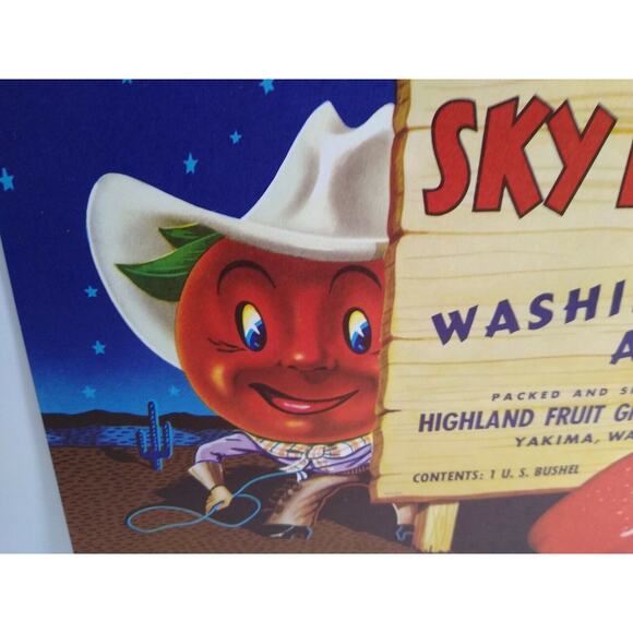Sky Ranch Apples Crate Label Western Anthropomorphic Cowboy Man Vintage 1950s - Picture 3 of 3